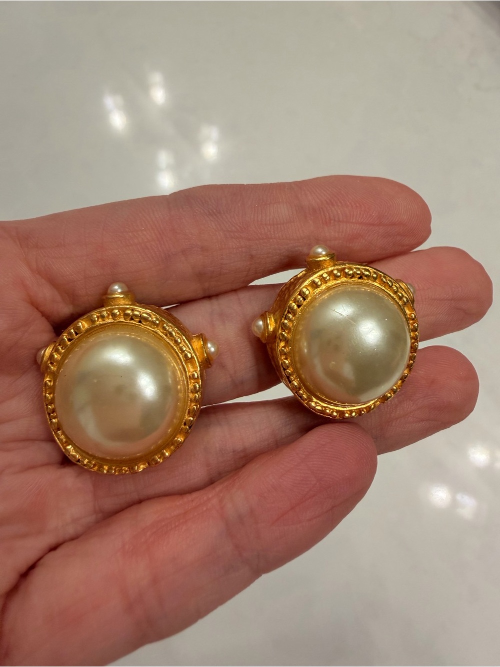 Vintage Gold-Tone Faux Pearl Round Clip Earrings